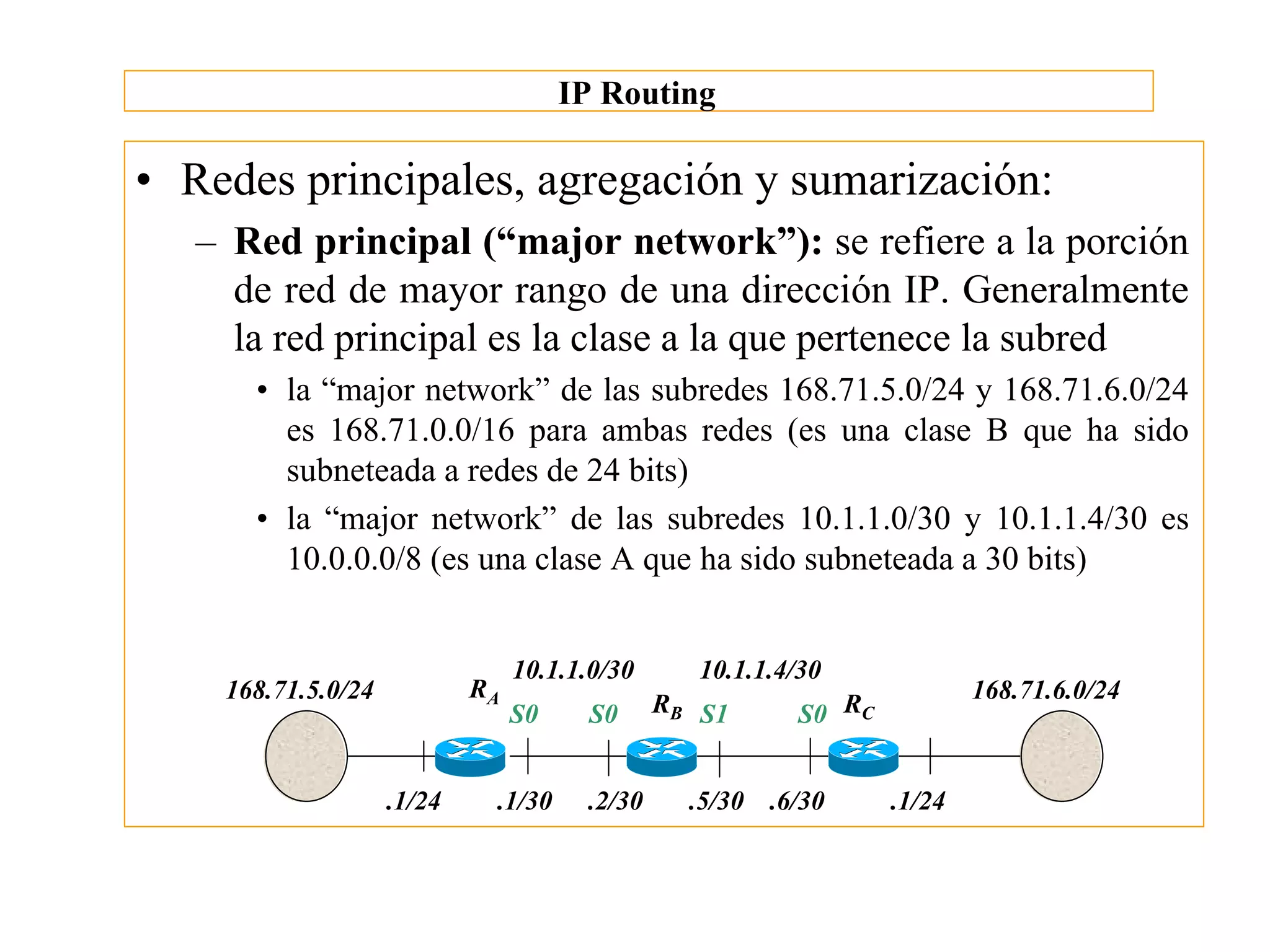 IP Routing

• Redes principales, agregación y sumarización:
   – Red principal (“major network”): se refiere a la porción
     de red de mayor rango de una dirección IP. Generalmente
     la red principal es la clase a la que pertenece la subred
      • la “major network” de las subredes 168.71.5.0/24 y 168.71.6.0/24
        es 168.71.0.0/16 para ambas redes (es una clase B que ha sido
        subneteada a redes de 24 bits)
      • la “major network” de las subredes 10.1.1.0/30 y 10.1.1.4/30 es
        10.0.0.0/8 (es una clase A que ha sido subneteada a 30 bits)


                                 10.1.1.0/30      10.1.1.4/30
    168.71.5.0/24           RA                                            168.71.6.0/24
                                 S0    S0      RB S1      S0 RC


                    .1/24    .1/30     .2/30     .5/30 .6/30      .1/24
 