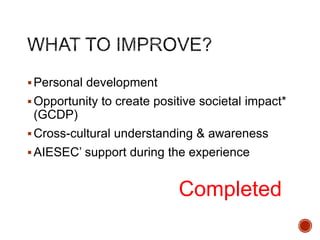 Personal development
Opportunity to create positive societal impact*
(GCDP)
Cross-cultural understanding & awareness
AIESEC’ support during the experience
Completed
 