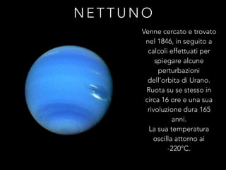 N E T T U N O
Venne cercato e trovato
nel 1846, in seguito a
calcoli effettuati per
spiegare alcune
perturbazioni
dell’orbita di Urano.
Ruota su se stesso in
circa 16 ore e una sua
rivoluzione dura 165
anni.
La sua temperatura
oscilla attorno ai
-220°C.
 