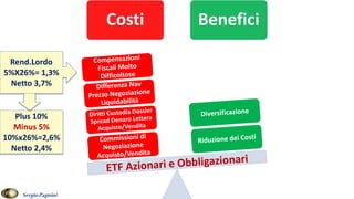 Costi Benefici
Rend.Lordo
5%X26%= 1,3%
Netto 3,7%
Plus 10%
Minus 5%
10%x26%=2,6%
Netto 2,4%
SergioPagnini
 