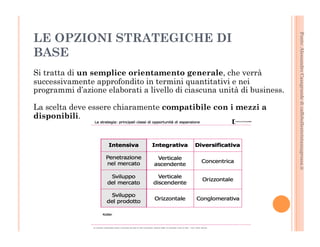 Fonte: Alessandro Casagrande di caffebollenteintazzagrossa.it 
LE OPZIONI STRATEGICHE DI 
BASE 
Si tratta di un semplice orientamento generale, che verrà 
successivamente approfondito in termini quantitativi e nei 
programmi d’azione elaborati a livello di ciascuna unità di business. 
La scelta deve essere chiaramente compatibile con i mezzi a 
disponibili. 
 