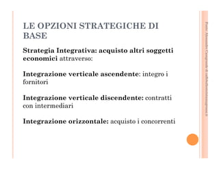 Fonte: Alessandro Casagrande di caffebollenteintazzagrossa.it 
LE OPZIONI STRATEGICHE DI 
BASE 
Strategia Integrativa: acquisto altri soggetti 
economici attraverso: 
Integrazione verticale ascendente: integro i 
fornitori 
Integrazione verticale discendente: contratti 
con intermediari 
Integrazione orizzontale: acquisto i concorrenti 
 