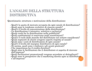 Fonte: Alessandro Casagrande di caffebollenteintazzagrossa.it 
L’ANALISI DELLA STRUTTURA 
DISTRIBUTIVA 
Questionario: struttura e motivazione della distribuzione: 
- Qual'è la quota di mercato occupata da ogni canale di distribuzione? 
- Quali sono le tendenze evolutive di ciascun canale? 
- Qual'è il livello di concentrazione della distribuzione? 
- La distribuzione è intensiva, selettiva o esclusiva? 
- Quale ruolo ha la distribuzione nella pubblicità? 
- Quali cambiamenti si osservano negli assortimenti? 
- Qual'è il ruolo delle marche del distributore nel settore considerato? 
- Quali segmenti di clienti vengono coperti rispetto al canale? 
- Quali sono i costi di distribuzione di ogni canale? 
- Qual'è il livello del margine distributivo di ogni canale? 
- Di norma, quali sono i rimborsi e gli sconti praticati? 
- Che importanza ha il credito-fornitori? 
- Quali sono le facilitazioni che il distributore si aspetta di ricevere 
dall'impresa? 
- Quali facilitazioni promozionali vengono accordate ai dettaglianti? 
- Quali sono le prospettive che il marketing diretto apre ai distributori 
e all'impresa? 
 