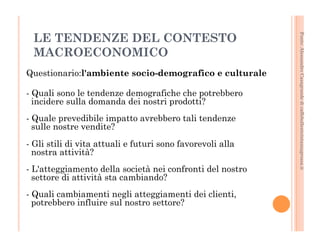 Fonte: Alessandro Casagrande di caffebollenteintazzagrossa.it 
LE TENDENZE DEL CONTESTO 
MACROECONOMICO 
Questionario:l'ambiente socio-demografico e culturale 
- Quali sono le tendenze demografiche che potrebbero 
incidere sulla domanda dei nostri prodotti? 
- Quale prevedibile impatto avrebbero tali tendenze 
sulle nostre vendite? 
- Gli stili di vita attuali e futuri sono favorevoli alla 
nostra attività? 
- L'atteggiamento della società nei confronti del nostro 
settore di attività sta cambiando? 
- Quali cambiamenti negli atteggiamenti dei clienti, 
potrebbero influire sul nostro settore? 
 