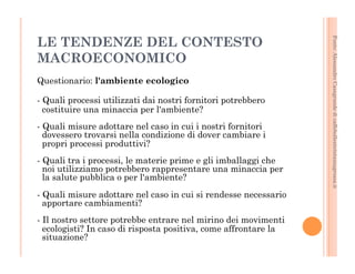 Fonte: Alessandro Casagrande di caffebollenteintazzagrossa.it 
LE TENDENZE DEL CONTESTO 
MACROECONOMICO 
Questionario: l'ambiente ecologico 
- Quali processi utilizzati dai nostri fornitori potrebbero 
costituire una minaccia per l'ambiente? 
- Quali misure adottare nel caso in cui i nostri fornitori 
dovessero trovarsi nella condizione di dover cambiare i 
propri processi produttivi? 
- Quali tra i processi, le materie prime e gli imballaggi che 
noi utilizziamo potrebbero rappresentare una minaccia per 
la salute pubblica o per l'ambiente? 
- Quali misure adottare nel caso in cui si rendesse necessario 
apportare cambiamenti? 
- Il nostro settore potrebbe entrare nel mirino dei movimenti 
ecologisti? In caso di risposta positiva, come affrontare la 
situazione? 
 
