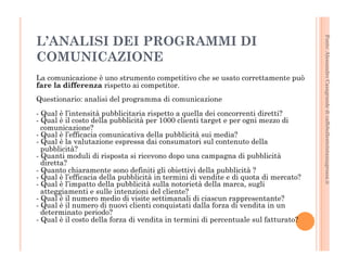 Fonte: Alessandro Casagrande di caffebollenteintazzagrossa.it 
L’ANALISI DEI PROGRAMMI DI 
COMUNICAZIONE 
La comunicazione è uno strumento competitivo che se usato correttamente può 
fare la differenza rispetto ai competitor. 
Questionario: analisi del programma di comunicazione 
- Qual è l’intensità pubblicitaria rispetto a quella dei concorrenti diretti? 
- Qual è il costo della pubblicità per 1000 clienti target e per ogni mezzo di 
comunicazione? 
- Qual è l’efficacia comunicativa della pubblicità sui media? 
- Qual è la valutazione espressa dai consumatori sul contenuto della 
pubblicità? 
- Quanti moduli di risposta si ricevono dopo una campagna di pubblicità 
diretta? 
- Quanto chiaramente sono definiti gli obiettivi della pubblicità ? 
- Qual è l’efficacia della pubblicità in termini di vendite e di quota di mercato? 
- Qual è l’impatto della pubblicità sulla notorietà della marca, sugli 
atteggiamenti e sulle intenzioni del cliente? 
- Qual è il numero medio di visite settimanali di ciascun rappresentante? 
- Qual è il numero di nuovi clienti conquistati dalla forza di vendita in un 
determinato periodo? 
- Qual è il costo della forza di vendita in termini di percentuale sul fatturato? 
 