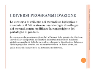 Fonte: Alessandro Casagrande di caffebollenteintazzagrossa.it 
I DIVERSI PROGRAMMI D’AZIONE 
La strategia di sviluppo dei mercati: se l’obiettivo è 
aumentare il fatturato con una strategia di sviluppo 
dei mercati, senza modificare la composizione del 
portafoglio di prodotti. 
Es. aumentare la presenza sugli scaffali all’interno della grande distribuzione; 
incrementare la copertura distributiva, aumentando il numero di aziende 
visitate con regolarità dalla forza vendita; allargare la distribuzione dal punto 
di vista geografico, creando una rete commerciale in un Paese vicino, nel 
quale il consumo del prodotto sia notevolmente inferiore. 
 