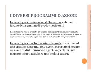 Fonte: Alessandro Casagrande di caffebollenteintazzagrossa.it 
I DIVERSI PROGRAMMI D’AZIONE 
La strategia di estensione della marca: colmare le 
lacune della gamma di prodotti esistenti 
Es. introdurre nuovi prodotti all’interno dei segmenti non ancora coperti; 
moltiplicare in modo sistematico il numero di marche per saturare il mercato; 
acquisire un’impresa che offre una gamma di prodotti complementari. 
La strategia di sviluppo internazionale: ricorrere ad 
una trading company, rete agenti esportatori, creare 
una rete di distribuzione o agenti importatori nel 
mercato target, acquisire una società estera. 
 