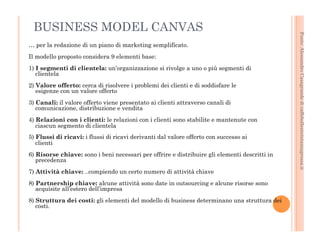Fonte: Alessandro Casagrande di caffebollenteintazzagrossa.it 
BUSINESS MODEL CANVAS 
… per la redazione di un piano di marketing semplificato. 
Il modello proposto considera 9 elementi base: 
1) I segmenti di clientela: un’organizzazione si rivolge a uno o più segmenti di 
clientela 
2) Valore offerto: cerca di risolvere i problemi dei clienti e di soddisfare le 
esigenze con un valore offerto 
3) Canali: il valore offerto viene presentato ai clienti attraverso canali di 
comunicazione, distribuzione e vendita 
4) Relazioni con i clienti: le relazioni con i clienti sono stabilite e mantenute con 
ciascun segmento di clientela 
5) Flussi di ricavi: i flussi di ricavi derivanti dal valore offerto con successo ai 
clienti 
6) Risorse chiave: sono i beni necessari per offrire e distribuire gli elementi descritti in 
precedenza 
7) Attività chiave: ..compiendo un certo numero di attività chiave 
8) Partnership chiave: alcune attività sono date in outsourcing e alcune risorse sono 
acquisite all’estero dell’impresa 
8) Struttura dei costi: gli elementi del modello di business determinano una struttura dei 
costi. 
 