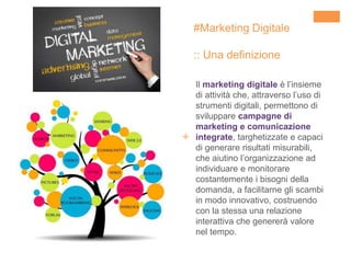 +
#Marketing Digitale
:: Una definizione
Il marketing digitale è l’insieme
di attività che, attraverso l’uso di
strumenti digitali, permettono di
sviluppare campagne di
marketing e comunicazione
integrate, targhetizzate e capaci
di generare risultati misurabili,
che aiutino l’organizzazione ad
individuare e monitorare
costantemente i bisogni della
domanda, a facilitarne gli scambi
in modo innovativo, costruendo
con la stessa una relazione
interattiva che genererà valore
nel tempo.
 