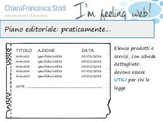 ChiaraFrancesca Storti
www.chiarastorti.it @chiarastorti
Piano editoriale: praticamente...
TITOLO AZIONE DATA
Articolo1 sp...