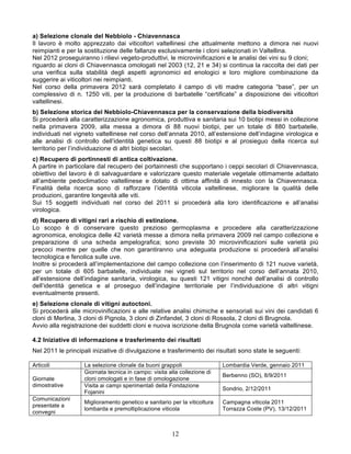 a) Selezione clonale del Nebbiolo - Chiavennasca
Il lavoro è molto apprezzato dai viticoltori valtellinesi che attualmente mettono a dimora nei nuovi
reimpianti e per la sostituzione delle fallanze esclusivamente i cloni selezionati in Valtellina.
Nel 2012 proseguiranno i rilievi vegeto-produttivi, le microvinificazioni e le analisi dei vini su 9 cloni;
riguardo ai cloni di Chiavennasca omologati nel 2003 (12, 21 e 34) si continua la raccolta dei dati per
una verifica sulla stabilità degli aspetti agronomici ed enologici e loro migliore combinazione da
suggerire ai viticoltori nei reimpianti.
Nel corso della primavera 2012 sarà completato il campo di viti madre categoria “base”, per un
complessivo di n. 1250 viti, per la produzione di barbatelle “certificate” a disposizione dei viticoltori
valtellinesi.
b) Selezione storica del Nebbiolo-Chiavennasca per la conservazione della biodiversità
Si procederà alla caratterizzazione agronomica, produttiva e sanitaria sui 10 biotipi messi in collezione
nella primavera 2009, alla messa a dimora di 88 nuovi biotipi, per un totale di 880 barbatelle,
individuati nel vigneto valtellinese nel corso dell’annata 2010, all’estensione dell’indagine virologica e
alle analisi di controllo dell’identità genetica su questi 88 biotipi e al prosieguo della ricerca sul
territorio per l’individuazione di altri biotipi secolari.
c) Recupero di portinnesti di antica coltivazione.
A partire in particolare dal recupero dei portainnesti che supportano i ceppi secolari di Chiavennasca,
obiettivo del lavoro è di salvaguardare e valorizzare questo materiale vegetale ottimamente adattato
all’ambiente pedoclimatico valtellinese e dotato di ottima affinità di innesto con la Chiavennasca.
Finalità della ricerca sono di rafforzare l’identità viticola valtellinese, migliorare la qualità delle
produzioni, garantire longevità alle viti.
Sui 15 soggetti individuati nel corso del 2011 si procederà alla loro identificazione e all’analisi
virologica.
d) Recupero di vitigni rari a rischio di estinzione.
Lo scopo è di conservare questo prezioso germoplasma e procedere alla caratterizzazione
agronomica, enologica delle 42 varietà messe a dimora nella primavera 2009 nel campo collezione e
preparazione di una scheda ampelografica; sono previste 30 microvinificazioni sulle varietà più
precoci mentre per quelle che non garantiranno una adeguata produzione si procederà all’analisi
tecnologica e fenolica sulle uve.
Inoltre si procederà all’implementazione del campo collezione con l’inserimento di 121 nuove varietà,
per un totale di 605 barbatelle, individuate nei vigneti sul territorio nel corso dell’annata 2010,
all’estensione dell’indagine sanitaria, virologica, su questi 121 vitigni nonché dell’analisi di controllo
dell’identità genetica e al proseguo dell’indagine territoriale per l’individuazione di altri vitigni
eventualmente presenti.
e) Selezione clonale di vitigni autoctoni.
Si procederà alle microvinificazioni e alle relative analisi chimiche e sensoriali sui vini dei candidati 6
cloni di Merlina, 3 cloni di Pignola, 3 cloni di Zinfandel, 3 cloni di Rossola, 2 cloni di Brugnola.
Avvio alla registrazione dei suddetti cloni e nuova iscrizione della Brugnola come varietà valtellinese.

4.2 Iniziative di informazione e trasferimento dei risultati
Nel 2011 le principali iniziative di divulgazione e trasferimento dei risultati sono state le seguenti:

Articoli           La selezione clonale da buoni grappoli                  Lombardia Verde, gennaio 2011
                   Giornata tecnica in campo: visita alla collezione di
                                                                           Berbenno (SO), 8/9/2011
Giornate           cloni omologati e in fase di omologazione
dimostrative       Visita ai campi sperimentali della Fondazione
                                                                           Sondrio, 2/12/2011
                   Fojanini
Comunicazioni
                   Miglioramento genetico e sanitario per la viticoltura   Campagna viticola 2011
presentate a
                   lombarda e premoltiplicazione viticola                  Torrazza Coste (PV), 13/12/2011
convegni


                                                       12
 
