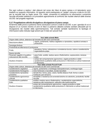Per ogni cultivar e replica i dati ottenuti nel corso dei rilievi di pieno campo e di laboratorio sono
trasferiti su supporto informatico. Al riguardo verrà predisposta un “griglia” comune a tutte le UU.OO.
per la raccolta dati su foglio excel. Ciò, infatti, consentirà di sottoporre le informazioni numeriche
raccolte all’analisi statistica e di procedere agevolmente al confronto dei risultati ottenuti dalle diverse
UU.OO. del progetto regionale.

5.3.7 Progettazione attività divulgativa e divulgazione di pieno campo
Al termine delle prove si potranno trarre conclusioni comuni a tutte le UU.OO. e per i genotipi di cui si
dispone di un numero minimo di anni di rilievi si potranno allestire schede varietali utilizzabili per la
divulgazione dei risultati della sperimentazione. Tali schede varietali riporteranno la tipologia di
informazioni sotto indicata negli schemi per il melo ed i piccoli frutti


                                                Voci della scheda Melo
Origine della cultivar, detentore del brevetto ed altri nomi commerciali
                                     vigoria, portamento, habitus vegetativo e riproduttivo, rapidità di entrata in
Descrizione albero
                                     produzione
Fenologia fioritura
Produttività ed alternanza di produzione
                                     pezzatura, forma, colorazione e consistenza buccia, colore e caratteristiche
Frutto
                                     organolettiche polpa
Epoca raccolta
Parametri oggettivi di qualità e     peso frutto, acidità, residuo secco rifrattometrico, sopraccolore, durezza
maturazione alla raccolta            polpa
                                     sintesi del comportamento agronomico, vegeto-produttivo e delle
Giudizio d’insieme                   caratteristiche qualitative della produzione in riferimento a cultivar tradizionali
                                     di riferimento
                                           Voci della scheda Piccoli Frutti
Origine della cultivar, detentore del brevetto ed altri nomi commerciali
Caratteristiche vegetative         vigoria, portamento e morfologia tralci/polloni/rami; morfologia foglie
Caratteristiche fenologiche        inizio fioritura/e e raccolta/e, durata raccolta/e
Caratteristiche riproduttive       densità fiori, forma, peso, colore, facilità distacco frutti; forma e colore
produttive                         ricettacolo (per lamponi)
Caratteristiche agronomico-        sensibilità o resistenza ad avversità biotiche e/o abiotiche, produttività, facilità
colturali                          raccolta
Caratteristiche qualitative        acidità e residuo secco rifrattometrico, caratteristiche organolettiche,
frutto                             resistenza alle manipolazioni, attitudine alla trasformazione.
                                   sintesi del comportamento agronomico, vegeto-produttivo e delle
Giudizio d’insieme                 caratteristiche qualitative della produzione in riferimento a cultivar tradizionali
                                   di riferimento




                                                           55
 