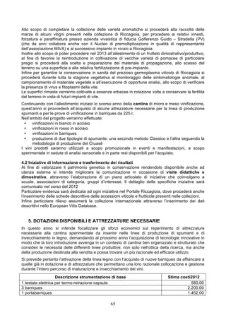 Allo scopo di completare la collezione delle varietà aromatiche si procederà alla raccolta delle
marze di alcuni vitigni presenti nella collezione di Riccagioia, per procedere ai relativi innesti,
forzatura e paraffinatura presso azienda vivaistica di fiducia Golferenzo Guido – Stradella (PV)
(che da anni collabora anche con il Nucleo di premoltiplicazione in qualità di rappresentante
dell’associazione MIVA) e al successivo impianto in vivaio a Riccagioia.
Inoltre allo scopo di poter procedere nel 2013 all’allestimento di un frutteto dimostrativo/produttivo,
al fine di favorire la reintroduzione in coltivazione di vecchie varietà di pomacee di particolare
pregio si procederà alla scelta e preparazione del materiale di propagazione, allo scasso del
terreno su una superficie e alla relativa fertilizzazione di pre-impianto.
Infine per garantire la conservazione in sanità del prezioso germoplasma viticolo di Riccagioia si
procederà durante tutta la stagione vegetativa al monitoraggio delle sintomatologie anomale, al
campionamento di materiale vegetale e all’esecuzione di opportune analisi, allo scopo di verificare
la presenza di virus e fitoplasmi della vite.
Le superfici rimaste verranno coltivate a essenze erbacee in rotazione volte a conservare la fertilità
del terreno in vista di futuri impianti di vite.
Continuando con l’allestimento iniziato lo scorso anno della cantina di micro e meso vinificazione,
quest’anno si provvederà all’acquisto di alcune attrezzature necessarie per la linea di produzione
spumanti e per le prove di vinificazione in barriques da 225 l.
Nell’ambito del progetto verranno effettuate:
  •   vinificazioni in bianco in acciaio
  •   vinificazioni in rosso in acciaio
  •   vinificazioni in barriques
  •   produzione di due tipologie di spumante: una secondo metodo Classico e l’altra seguendo la
      metodologia di produzione del Cruasè
I vini prodotti saranno utilizzati a scopo promozionale in eventi e manifestazioni, a scopo
sperimentale in sedute di analisi sensoriale e in parte resi disponibili per l’acquisto.

4.2 Iniziative di informazione e trasferimento dei risultati
Al fine di valorizzare il patrimonio genetico in conservazione rendendolo disponibile anche ad
utenze esterne si intende migliorare la comunicazione in occasione di visite didattiche e
dimostrative, attraverso l’elaborazione di un piano articolato di iniziative che coinvolgano a
scuole, associazioni di categoria, gruppi d’interesse. Il dettaglio delle specifiche iniziative sarà
comunicato nel corso del 2012
Particolare evidenza sarà dedicata ad ogni iniziativa nel Portale Riccagioia, dove procederà anche
l’inserimento delle schede descrittive delle accessioni viticole e frutticole presenti nelle collezioni.
Infine particolare rilievo assumerà la collezione internazionale attraverso l’inserimento dei dati
descrittivi nello European Vitis Database.


   5. DOTAZIONI DISPONIBILI E ATTREZZATURE NECESSARIE
In questo anno si intende focalizzare gli sforzi economici sul reperimento di attrezzature
necessarie alla cantina sperimentale da inserire nelle linee di produzione di spumanti e di
invecchiamento in legno, demandando al prossimo anno l’acquisizione di tecnologie innovative in
modo che la loro introduzione avvenga in un contesto di cantina ben organizzato e strutturato che
consideri le necessità delle differenti linee produttive, non solo nell’ottica della ricerca, ma anche
della produzione destinata alla vendita e possa trovare un più razionale ed efficace utilizzo.
Si prevede pertanto l’attivazione della linea legno con l’acquisto di nuove barriques da affiancare a
quelle già in dotazione e di attrezzature che permettano una loro razionale collocazione e gestione
durante l’intero percorso di maturazione e invecchiamento dei vini.
                    Descrizione strumentazione di base                             Stima costi2012
1 testata elettrica per termo-retrazione capsule                                              580,00
3 barriques                                                                                 2.200,00
1 portabarriques                                                                            1.452,00

                                                  65
 