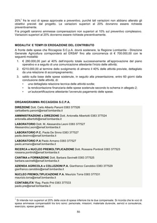 20%1 fra le voci di spesa approvate a preventivo, purché tali variazioni non abbiano alterato gli
obiettivi previsti dal progetto. Le variazioni superiori al 20% dovranno essere richieste
preventivamente.
Fra progetti saranno ammesse compensazioni non superiori al 10% sul preventivo complessivo.
Variazioni superiori al 20% dovranno essere richieste preventivamente.


MODALITA’ E TEMPI DI EROGAZIONE DEL CONTRIBUTO
A fronte delle spese che Riccagioia S.C.p.A. dovrà sostenere, la Regione Lombardia - Direzione
Generale Agricoltura corrisponderà ad ERSAF fino alla concorrenza di € 700.000,00 con le
seguenti modalità:
    1.   € 280.000,00 pari al 40% dell’importo totale successivamente all’approvazione del piano
         operativo e a seguito di una comunicazione attestante l’inizio delle attività;
    2.   €210.000,00 al termine dello svolgimento di almeno il 40% delle attività previste, dettagliato
         da una relazione di accompagnamento;
    3.   saldo sulla base delle spese sostenute, in seguito alla presentazione, entro 60 giorni dalla
         conclusione delle attività, di:
         •   una dettagliata relazione tecnica delle attività svolte;
         •   la rendicontazione finanziaria delle spese sostenute secondo lo schema in allegato 2;
         •   un’autocertificazione attestante l’avvenuto pagamento delle spese.


ORGANIGRAMMA RICCAGIOIA S.C.P.A.
DIREZIONE Dott. Carlo Alberto Panont 0383 377526
carloalberto.panont@ersaf.lombardia.it
AMMINISTRAZIONE e DIREZIONE Dott. Antonella Albertotti 0383 377524
antonella.albertotti@ersaf.lombardia.it
LABORATORIO Dott. M. Alessandra Leoni 0383 377527
Alessandra.Leoni@ersaf.lombardia.it
LABORATORIO P.C. Paola De Sinno 0383 377527
paola.desinno@ersaf.lombardia.it
LABORATORIO P.A Paolo Armano 0383 377527
paolo.armano@ersaf.lombardia.it
RICERCA e NUCLEO PREMOLTIPLICAZIONE Dott. Rossana Pontiroli 0383 377523
rossana.pontiroli@ersaf.lombardia.it
CANTINA e FORMAZIONE Dott. Barbara Savinelli 0383 377525
barbara.savinelli@ersaf.lombardia.it
AZIENDA AGRICOLA e COLLEZIONI P.A. Gianfranco Canobbio 0383 377529
gianfranco.canobbio@ersaf.lombardia.it
NUCLEO PREMOLTIPLICAZIONE P.A. Maurizio Torra 0383 377531
maurizio.torra@ersaf.lombardia.it
CONTABILITA’ Rag. Paolo Prè 0383 377533
paolo.pre@ersaf.lombardia.it



1
 Si intende non superiori al 20% della voce di spesa inferiore tra le due compensate. Si ricorda che le voci di
spesa ammesse compensabili tra loro sono: personale, missioni, materiale durevole, servizi e consulenze,
esercizio, spese generali.

                                                      86
 