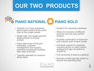 OUR TWO PRODUCTS

PIANO NATIONAL                      PIANO SOLO
¦ Typically 3 or more publishers    ¦ Solution for individual publishers
  launch paid content at the same
  time on the single market         ¦ Allows for inclusion of different
                                      services into one paid content
¦ Single login and single payment     solution.
  allows access to all paid
  content.                          ¦ Possible combination of freemium
                                      and metered paid content model.
¦ Piano takes care of the joint
  marketing, customer               ¦ Individual support for publisher
  management and support,             including advice on paid content
  payments processing, building       strategy and type of content to
  new sales channels.                 charge for.
¦ Typically operated on revenue-    ¦ Full ownership of data by publisher
  share basis.
                                    ¦ Business model typically based on
                                      license and operating fees.
 