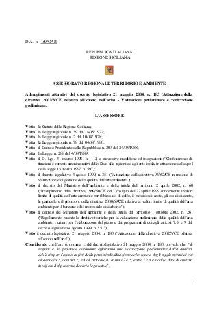 D.A. n. 169/GAB
REPUBBLICA ITALIANA
REGIONE SICILIANA

ASSESSORATO REGIONALE TERRITORIO E AMBIENTE
Adempimenti attuativi del decreto legislativo 21 maggio 2004, n. 183 (Attuazione della
direttiva 2002/3/CE relativa all’ozono nell’aria) - Valutazione preliminare e zonizzazione
preliminare.
L’ASSESSORE
Visto
Vista
Vista
Vista
Visto
Vista
Visto

lo Statuto della Regione Siciliana;
la Legge regionale n. 39 del 18/05/1977;
la Legge regionale n. 2 del 10/04/1978;
la Legge regionale n. 78 del 04/08/1980;
il Decreto Presidente della Repubblica n. 203 del 24/05/1988;
la Legge n. 288 del 4/08/1989;
il D. Lgs. 31 marzo 1998, n. 112, e successive modifiche ed integrazioni (“Conferimento di
funzioni e compiti amministrativi dello Stato alle regioni ed agli enti locali, in attuazione del capo I
della legge 15 marzo 1997, n. 59”);
Visto il decreto legislativo 4 agosto 1999, n. 351 (“Attuazione della direttiva 96/62/CE in materia di
valutazione e di gestione della qualità dell’aria ambiente”);
Visto il decreto del Ministero dell’ambiente e della tutela del territorio 2 aprile 2002, n. 60
(“Recepimento della direttiva 1999/30/CE del Consiglio del 22 aprile 1999 concernente i valori
limite di qualità dell’aria ambiente per il biossido di zolfo, il biossido di azoto, gli ossidi di azoto,
le particelle e il piombo e della direttiva 2000/69/CE relativa ai valori limite di qualità dell’aria
ambiente per il benzene ed il monossido di carbonio”);
Visto il decreto del Ministero dell’ambiente e della tutela del territorio 1 ottobre 2002, n. 261
(“Regolamento recante le direttive tecniche per la valutazione preliminare della qualità dell’aria
ambiente, i criteri per l’elaborazione del piano e dei programmi di cui agli articoli 7, 8 e 9 del
decreto legislativo 4 agosto 1999, n. 351”);
Visto il decreto legislativo 21 maggio 2004, n. 183 (“Attuazione della direttiva 2002/3/CE relativa
all’ozono nell’aria”);
Considerato che l’art. 6, comma 1, del decreto legislativo 21 maggio 2004, n. 183, prevede che “le
regioni e le provin ce autonome effettuano una valutazione preliminare della qualità
dell’aria per l’ozono ai fini della prima individuazione delle zone e degli agglomerati di cui
all'articolo 3, comma 2, ed all’articolo 4, commi 2 e 5, entro 12 mesi dalla data di entrata
in vigore del presente decreto legislativo”;

1

 