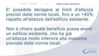 LEGGI e NORME

|

#001

|

Piano Casa Veneto 3

E' possibile derogare ai limiti d'altezza
previsti dalle norme locali, fino a un +40%
rispetto all'altezza dell'edificio esistente.
Non è chiaro quale beneficio possa avere
un edificio esistente, che ha già
un'altezza molto inferiore alla massima
prevista dalle norme locali.

 
