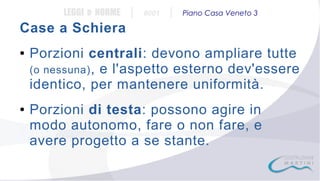 LEGGI e NORME

|

#001

|

Piano Casa Veneto 3

Case a Schiera
●

●

Porzioni centrali: devono ampliare tutte
(o nessuna) , e l'aspetto esterno dev'essere
identico, per mantenere uniformità.
Porzioni di testa: possono agire in
modo autonomo, fare o non fare, e
avere progetto a se stante.

 