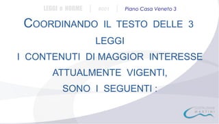 LEGGI e NORME

|

#001

COORDINANDO

|

Piano Casa Veneto 3

IL TESTO DELLE 3

LEGGI
I CONTENUTI DI MAGGIOR INTERESSE
ATTUALMENTE VIGENTI,
SONO I SEGUENTI :

 