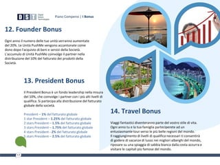 12. Founder Bonus
Ogni anno il numero delle tue unità verranno aumentate
del 20%. Le Unità PushMe vengono accantonate come
dono dopo l'acquisto di beni e servizi della Società.
L'accumulo di Unità PushMe coinvolge il partner nella
distribuzione del 10% del fatturato dei prodotti della
Società.
13. President Bonus
Il President Bonus è un fondo leadership nella misura
del 10%, che coinvolge i partner con i più alti livelli di
qualifica. Si partecipa alla distribuzione del fatturato
globale della società.
President – 1% del fatturato globale
1 star President – 1.25% del fatturato globale
2 stars President – 1.5% del fatturato globale
3 stars President – 1.75% del fatturato globale
4 stars President - 2% del fatturato globale
5 stars President – 2.5% del fatturato globale
14. Travel Bonus
Viaggi fantastici diventeranno parte del vostro stile di vita.
Ogni anno tu e la tua famiglia parteciperete ad un
entusiasmante tour verso le più belle regioni del mondo.
Il raggiungimento di livelli di qualifica necessari ti consentirà
di godere di vacanze di lusso nei migliori alberghi del mondo,
riposare su una spiaggia di sabbia bianca dalla costa azzurra e
visitare le capitali più famose del mondo.
Piano Compensi | I Bonus
 