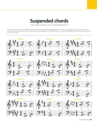 Piano for Beginners 157
Add subtle variations with suspended patterns
Suspended chords
So far, all of the chords that we’ve looked at have featured the third note of their corresponding major or minor scale. Suspended chords (sus) don’t, replacing it
instead with either a second (sus2) or a fourth (sus4). So Csus4 would feature an F (the fourth note in the C major scale) instead of the E found in a major chord. Here
is a list of sus4 chords.
Asus2/4 B sus2/4 Bsus2/4
F#sus2/4 Gsus2/4 A sus2/4
E sus2/4 Esus2/4 Fsus2/4
Csus2/4 D sus2/4 Dsus2/4
 