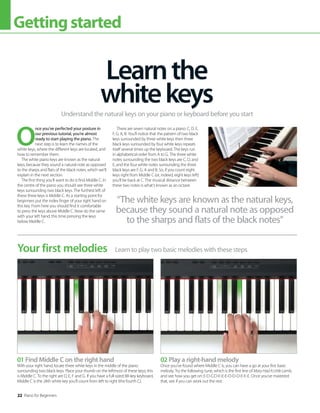 22 Piano for Beginners
Gettingstarted
01 Find Middle C on the right hand
With your right hand, locate three white keys in the middle of the piano
surrounding two black keys. Place your thumb on the leftmost of these keys; this
is Middle C. To the right are D, E, F and G. If you have a full-sized 88-key keyboard,
Middle C is the 24th white key you’ll count from left to right (the fourth C).
02 Play a right-hand melody
Once you’ve found where Middle C is, you can have a go at your first basic
melody. Try the following tune, which is the first line of Mary Had A Little Lamb,
and see how you get on: E-D-C-D-E-E-E-D-D-D-E-E-E. Once you’ve mastered
that, see if you can work out the rest.
O
nce you’ve perfected your posture in
our previous tutorial, you’re almost
ready to start playing the piano. The
next step is to learn the names of the
white keys, where the different keys are located, and
how to remember them.
The white piano keys are known as the natural
keys, because they sound a natural note as opposed
to the sharps and flats of the black notes, which we’ll
explain in the next section.
The first thing you’ll want to do is find Middle C. In
the centre of the piano you should see three white
keys surrounding two black keys. The furthest left of
these three keys is Middle C. As a starting point for
beginners put the index finger of your right hand on
this key. From here you should find it comfortable
to press the keys above Middle C. Now do the same
with your left hand, this time pressing the keys
below Middle C.
There are seven natural notes on a piano: C, D, E,
F, G, A, B. You’ll notice that the pattern of two black
keys surrounded by three white keys then three
black keys surrounded by four white keys repeats
itself several times up the keyboard. The keys run
in alphabetical order from A to G. The three white
notes surrounding the two black keys are C, D, and
E, and the four white notes surrounding the three
black keys are F, G, A and B. So, if you count eight
keys right from Middle C (or, indeed, eight keys left)
you’ll be back at C. The musical distance between
these two notes is what’s known as an octave.
Learnthe
whitekeys
Understand the natural keys on your piano or keyboard before you start
Learn to play two basic melodies with these steps
Your first melodies
“The white keys are known as the natural keys,
because they sound a natural note as opposed
to the sharps and flats of the black notes”
 