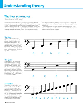 36 Piano for Beginners
Understandingtheory
It might not be the star of the show, but if composers ignored the left-hand
parts of piano music it would be very boring indeed! The bass clef tends to carry
all notes to the left of Middle C (although ledger lines enable higher notes to
belong on the bass clef stave too). But, like the treble clef, Middle C actually rests
on a line outside of the stave, on a ledger line. On this occasion it rests on the
first ledger line above the bass stave. The first line up on the bass clef stave is
G, ten white notes to the left of Middle C. It goes all the way to A, which is only
two notes below Middle C. Of course, ledger lines enable notes to go below the
bass stave too.
Left-hand parts might not always be as intricate as right-hand parts, but it’s
still important that you learn which notes are which so you’ll be able to provide
vital accompaniment to your melodies.
The bass stave notes
Don’t forget the left hand
The lines
The lines on the bass stave read G,
B, D, F, A. As a mnemonic, you could
continue the theme we used for the
line notes on the treble stave, with
Good Boys Deserve Fruit Always. If you
think you may get confused between
the two, then thinking up your own will
help you remember. Middle C is a ‘line’
above this stave, two white notes to the
right of the A on the top line.
All together
There’s no mnemonic for all the notes
together on the bass stave but if you
remember that the first space up on the
stave is A, then you can use alphabetic
order to work out the notes going up
the stave – just remember to return to A
after reaching G! Although theoretically
you can use ledger lines to play any
note on the bass stave, you’re unlikely to
see anything past the G after Middle C
(a note that’s three ledger lines high).
The spaces
Unfortunately, the four notes in the
spaces on the bass stave don’t spell
out any body parts this time – ACEG.
You can, however, remember them
with All Cows Eat Grass, or something
less animal-based if you would prefer!
If remembering them from bottom to
top isn’t doing it for you, there’s nothing
wrong with trying top to bottom – it’s
whatever works. The C in ACEG is the C
an octave below Middle C.
G B D F A
A C E G
F G A B C D E F G A B
 