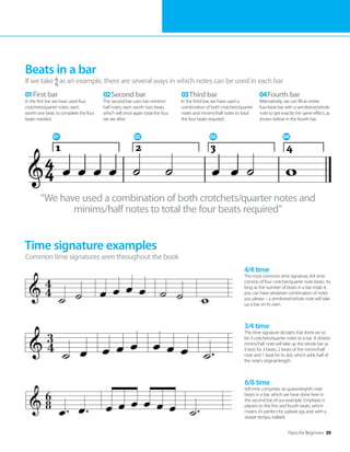 Piano for Beginners 39
“We have used a combination of both crotchets/quarter notes and
minims/half notes to total the four beats required”
Beats in a bar
01First bar
In the first bar we have used four
crotchets/quarter notes, each
worth one beat, to complete the four
beats needed.
02Second bar
The second bar uses two minims/
half notes, each worth two beats,
which will once again total the four
we are after.
03Third bar
In the third bar, we have used a
combination of both crotchets/quarter
notes and minims/half notes to total
the four beats required.
04Fourth bar
Alternatively, we can fill an entire
four-beat bar with a semibreve/whole
note to get exactly the same effect, as
shown below in the fourth bar.
If we take as an example, there are several ways in which notes can be used in each bar
4
4
01 02 03 04
1 2 3 4
4
4
Time signature examples
Common time signatures seen throughout the book
3/4 time
This time signature dictates that there are to
be 3 crotchets/quarter notes to a bar. A dotted
minim/half note will take up the whole bar as
it lasts for 3 beats: 2 beats of the minim/half
note and 1 beat for its dot, which adds half of
the note’s original length.
4/4 time
The most common time signature, 4/4 time
consists of four crotchet/quarter note beats. As
long as the number of beats in a bar totals 4,
you can have whatever combination of notes
you please – a semibreve/whole note will take
up a bar on its own.
6/8 time
6/8 time comprises six quaver/eighth note
beats in a bar, which we have done here in
the second bar of our example. Emphasis is
placed on the first and fourth beats, which
means it’s perfect for upbeat jigs and, with a
slower tempo, ballads.
 
