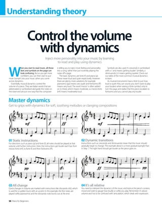 50 Piano for Beginners
Understandingtheory
W
hen you start to read music, all those
dots and symbols on the page can
look confusing. But as you get more
confident, you can then start to put
more ‘oomph’ into your music when you come
across dynamics.
Essentially, musical dynamics control the
volume of a piece. They are Italian words that are
abbreviated or symbolised alongside the notes on
the stave and are just one way that the composer
is telling you to inject more feeling and personality
into a song, rather than just routinely playing the
notes off a page.
The basic dynamics are forte (f) and piano (p).
These mean loud and quiet respectively. However
there are plenty more variations, for example
pianissimo (pp) means very quiet and fortissimo (ff)
means very loud. The word ‘mezzo’ is often added
on to these, which means moderate, so mezzo-forte
(mf) means moderately loud.
Symbols are also used. A crescendo is symbolised
with a  and means ‘getting louder’. Similarly, a
diminuendo () means getting quieter. Check out
our table of the most common musical dynamics
to learn.
As musical instruments have a limit to just how
loud or quiet they can sound, you don’t want to play
your loudest when seeing a forte symbol, only to
turn the page and realise that the piece escalates to
fortissimo and you cannot play any louder.
Controlthevolume
withdynamics
Inject more personality into your music by learning
to read and play using dynamics
Master dynamics
Get to grips with dynamics for soft, soothing melodies or clanging compositions
01Static instructions
For directions such as piano (p) and forte (f), all notes should be played at that
volume until further instruction. Here, the instructions get louder each bar, from
mezzo forte (mf), to forte (f) and then fortissimo (ff).
03All change
Quick changes in volume are marked with instructions like sforzando (sfz), which
is used for a sudden burst with an accent. In this example, the first notes are
played softly (pianissimo) and the sforzando note bursts out at the end.
02Dynamic transitions
Instructions such as crescendo and diminuendo mean that the music should
gradually begin to change. The example above is a more gradual example than
in Step 1. The right hand should get louder as the piece goes on.
04It’s all relative
You need to interpret the dynamics of the music and look at the piece’s context,
mood and style to gauge how loudly or softly you play. Remember it’s about
volume and not to be confused with ‘articulation’, which deals with expression.
 