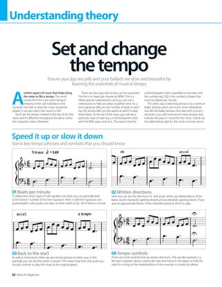 52 Piano for Beginners
Understandingtheory
A
nother aspect of music that helps bring
the notes to life is tempo. The word
comes from the Latin word ‘tempus’
meaning ‘time’, and indicates to the
musician how fast or slow the music should be
played. It can also direct the mood or feel.
You’ll see the tempo marked at the top of the first
stave, and it’s effective throughout the piece unless
the composer states otherwise.
There are two ways that tempo can be expressed.
The first is in beats per minute (or BPM). This is a
rather precise measurement, and you can use a
metronome to help you keep in perfect time. As a
time signature tells you the number of beats in each
bar, the tempo tells you the speed at which to play
these beats. At the top of the stave, you will see a
particular type of note (eg a crotchet/quarter note)
with the BPM value next to it. This means that the
crotchet/quarter note is specified as the beat, and
the number (eg 120) is the number of beats that
must be played per minute.
The other way of directing tempo is by a series of
Italian phrases which are much more interpretive.
Just like the Italian phrases that deal with a music’s
dynamics, you will come across many phrases that
indicate the pace or mood for the music. Check out
the table below-right for the most common terms.
Setandchange
thetempo
Ensure your jigs are jolly and your ballads are slow and beautiful by
learning the essentials of musical tempo
Speed it up or slow it down
Some key tempo phrases and symbols that you should know
01Beats per minute
To determine which type of note signifies one beat, you can generally look
at the bottom number of the time signature. Here, in 6/8 time signature, one
quaver/eighth note equals one beat, so there needs to be 140 of these a minute.
03Back to the start
As well as instructions, there are also tempo phrases to direct you. In this
example you can see the words ‘a tempo’. This means that from that point you
should continue to play the music at the original speed.
02Written directions
Here you can see the directions ‘rit.’ and ‘accel.’ which are abbreviations of the
Italian words ritardando (getting slower) and accelerando (getting faster). These
give an approximate flavour of the intended speed at which to play.
04Tempo symbols
There are some symbols that are tempo directions. This eye-like example is a
fermata. It appears above a particular note and instructs the player to hold the
note for as long as the interpretations of the musician or conductor allows.
 
