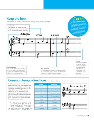 Piano for Beginners 53
Keep the beat
A snippet of tempo directions doing what they do best
Learn these and set yourself up for the future
Common tempo directions
In addition to some of the more flamboyant
Italian tempo directions, there are a select few
that you will come across time and time again.
Concentrate on these to begin with, and you
will be off to a good start. There are also
phrases that can link tempo instructions
together, for example molto means ‘very’, so
you may spot molto vivace which means very
lively. You may also come across moderato,
which as you may guess means ‘moderately’,
for example moderato vivace.
“There are phrases
that can link tempo
instructions together”
Top tip
Set the mood
As well as general directions,
there are plenty of Italian terms
that indicate both the mood
and the tempo of a musical
arrangement. Some good
examples are appassionato
(passionately), misterioso
(mysteriously) or
tenerezza (tenderly).
Accelerando
In our example, you should get faster
throughout bar 2; however, you’re likely to
see this instruction for several more bars
Back to normal
An accelerando or ritardando instruction will often
be accompanied by an ‘a tempo’ one. This means
to return the original tempo of the piece
Define the style
You can also gain a very good idea
of the composer’s intention for the
style or mood of the piece simply by
looking at the tempo directions
Fermata
There are symbols that
can dictate tempo.
Here the power is in
the player’s hands
with a fermata, so
these notes can be
extended for as long
as desired
Word Meaning
Adagio Leisurely
Allegro Fast and lively
Andante Moderate, walking pace
Grave The slowest pace
Lento Slow
Poco a poco Gradually
Presto Very fast
Sostenuto Sustained
 