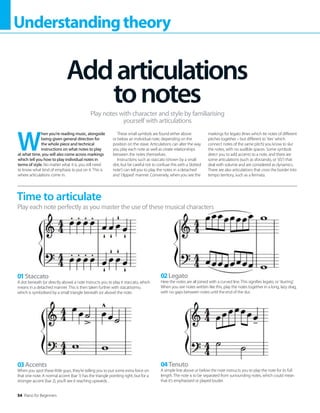 54 Piano for Beginners
Understandingtheory
W
hen you’re reading music, alongside
being given general direction for
the whole piece and technical
instructions on what notes to play
at what time, you will also come across markings
which tell you how to play individual notes in
terms of style. No matter what it is, you still need
to know what kind of emphasis to put on it. This is
where articulations come in.
These small symbols are found either above
or below an individual note, depending on the
position on the stave. Articulations can alter the way
you play each note as well as create relationships
between the notes themselves.
Instructions such as staccato (shown by a small
dot, but be careful not to confuse this with a ‘dotted
note’) can tell you to play the notes in a detached
and ‘clipped’ manner. Conversely, when you see the
markings for legato (lines which tie notes of different
pitches together – but different to ‘ties’ which
connect notes of the same pitch) you know to slur
the notes, with no audible spaces. Some symbols
direct you to add accents to a note, and there are
some articulations (such as sforzando, or ‘sfz’) that
deal with volume and are considered as dynamics.
There are also articulations that cross the border into
tempo territory, such as a fermata.
Addarticulations
tonotes
Play notes with character and style by familiarising
yourself with articulations
Time to articulate
Play each note perfectly as you master the use of these musical characters
01Staccato
A dot beneath (or directly above) a note instructs you to play it staccato, which
means in a detached manner. This is then taken further with stacatissimo,
which is symbolised by a small triangle beneath (or above) the note.
03Accents
When you spot these little guys, they’re telling you to put some extra force on
that one note. A normal accent (bar 1) has the triangle pointing right, but for a
stronger accent (bar 2), you’ll see it reaching upwards. .
02Legato
Here the notes are all joined with a curved line. This signifies legato, or ‘slurring’.
When you see notes written like this, play the notes together in a long, lazy drag,
with no gaps between notes until the end of the slur.
04Tenuto
A simple line above or below the note instructs you to play the note for its full
length. The note is to be separated from surrounding notes, which could mean
that it’s emphasised or played louder.
 