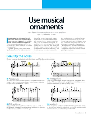 Piano for Beginners 55
I
n the same way that dynamics, tempo and
articulations all layer up to create marvellous
music, ornaments simply add to this with little
quirks and fiddly bits that enhance the tune.
They’re easy to recognise and you might find that
the hardest part is getting your fingers around them
on the piano keys!
Ornaments are noted as small symbols above
specific notes. There are four kinds that you need
to know. Start with a trill, which is really simple –
play the note and the note above it alternately in
quick succession. Next is a turn, which is also easy.
It’s four notes: the note above, the main note, the
note below and the main note again. Then there’s a
mordent, which has three notes. There are two kinds
of mordent – upper and lower. For upper mordents
you play the main note, then the note above it, then
the main note once more. Lower notes have the
same principle; you play the note below the main
note in the middle. The last ones are grace notes.
These are single-note ornaments that appear on the
stave as ‘mini notes’ next to a main note. There are
two categories: acciaccatura and appoggiatura.
All ornaments must be played to the duration of
the note they’re assigned to. For example, a trill on
a quaver/eighth note must last no longer than the
quaver/eighth note’s beat.
Usemusical
ornaments
Learn about these extra pieces of musical goodness
used to decorate a tune
Beautify the notes
Know your symbols to create intricate and flamboyant melodies
01Acciaccatura
This type of grace note is symbolised by a mini quaver/eighth note with a slash
through the tail. It is sometimes referred to as a ‘crushed note’ as it is played as
quickly as possible before the note in front of it.
03Trills and turns
To play a trill (left), alternate quickly between the main note and a whole or
half-step above. To play a turn, quickly play the note above, then the main note,
then the note below and then the main note again.
02Appoggiatura
These grace-note ornaments are similar to acciaccaturas, however they fall on
the beat of the note, not before it. An appoggiatura can consist of one or more
notes and their symbol is the same but without a slash.
04Mordents
These are upper (bar 1) and lower (bar 2) mordents. An upper mordent consists
of two main notes sandwiched around a note that’s a whole step lower. A lower
mordent is the same, but with a note higher in the middle.
 