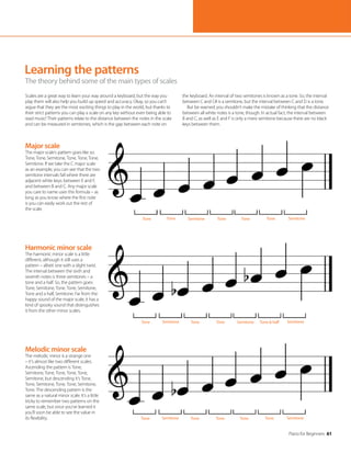 Piano for Beginners 61
Scales are a great way to learn your way around a keyboard, but the way you
play them will also help you build up speed and accuracy. Okay, so you can’t
argue that they are the most exciting things to play in the world, but thanks to
their strict patterns you can play a scale on any key without even being able to
read music! Their patterns relate to the distance between the notes in the scale
and can be measured in semitones, which is the gap between each note on
the keyboard. An interval of two semitones is known as a tone. So, the interval
between C and C# is a semitone, but the interval between C and D is a tone.
But be warned; you shouldn’t make the mistake of thinking that the distance
between all white notes is a tone, though. In actual fact, the interval between
B and C, as well as E and F is only a mere semitone because there are no black
keys between them.
Learning the patterns
The theory behind some of the main types of scales
Major scale
The major scale’s pattern goes like so:
Tone, Tone, Semitone, Tone, Tone, Tone,
Semitone. If we take the C major scale
as an example, you can see that the two
semitone intervals fall where there are
adjacent white keys: between E and F,
and between B and C. Any major scale
you care to name uses this formula – as
long as you know where the first note
is you can easily work out the rest of
the scale.
Melodic minor scale
The melodic minor is a strange one
– it’s almost like two different scales.
Ascending the pattern is Tone,
Semitone, Tone, Tone, Tone, Tone,
Semitone, but descending it’s Tone,
Tone, Semitone, Tone, Tone, Semitone,
Tone. The descending pattern is the
same as a natural minor scale. It’s a little
tricky to remember two patterns on the
same scale, but once you’ve learned it
you’ll soon be able to see the value in
its flexibility.
Harmonic minor scale
The harmonic minor scale is a little
different, although it still uses a
pattern – albeit one with a slight twist.
The interval between the sixth and
seventh notes is three semitones – a
tone and a half. So, the pattern goes:
Tone, Semitone, Tone, Tone, Semitone,
Tone and a half, Semitone. Far from the
happy sound of the major scale, it has a
kind of spooky sound that distinguishes
it from the other minor scales.
Tone Tone Tone Tone Tone
Semitone Semitone
Tone Semitone Tone Tone Tone
Tone Semitone
Tone Semitone Tone Semitone Tone  half
Tone Semitone
 