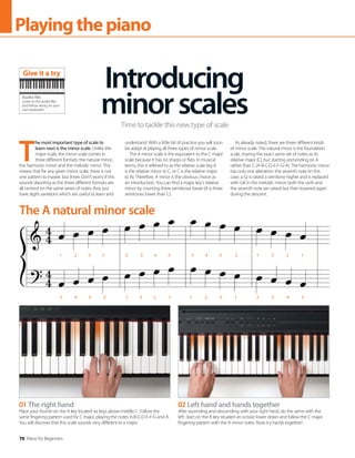 70 Piano for Beginners
Playingthepiano
1 2 3 1 2 3 4 5 5 4 3 2 1 3 2 1
5 4 3 2 1 3 2 1 1 2 3 1 2 3 4 5
01 The right hand
Place your thumb on the A key located six keys above middle C. Follow the
same fingering pattern used for C major, playing the notes A-B-C-D-E-F-G and A.
You will discover that this scale sounds very different to a major.
02 Left hand and hands together
After ascending and descending with your right hand, do the same with the
left. Start on the A key situated an octave lower down and follow the C major
fingering pattern with the A minor notes. Now try hands together!
The A natural minor scale
T
he most important type of scale to
learn next is the minor scale. Unlike the
major scale, the minor scale comes in
three different formats: the natural minor,
the harmonic minor and the melodic minor. This
means that for any given minor scale, there is not
one pattern to master, but three. Don’t worry if this
sounds daunting as the three different formats are
all centred on the same series of notes; they just
have slight variations which are useful to learn and
understand. With a little bit of practice you will soon
be adept at playing all three types of minor scale.
The A minor scale is the equivalent to the C major
scale because it has no sharps or flats. In musical
terms, this is referred to as the relative scale (eg A
is the relative minor to C, or C is the relative major
to A). Therefore, A minor is the obvious choice as
an introduction. You can find a major key’s relative
minor by counting three semitones lower (A is three
semitones lower than C).
As already noted, there are three different kinds
of minor scale. The natural minor is the foundation
scale, sharing the exact same set of notes as its
relative major (C), but starting and ending on A
rather than C (A-B-C-D-E-F-G-A). The harmonic minor
has only one alteration: the seventh note (in this
case, a G) is raised a semitone higher and is replaced
with G#. In the melodic minor, both the sixth and
the seventh note are raised but then lowered again
during the descent.
Introducing
minorscales
Time to tackle this new type of scale
Audio file
Listen to the audio files
and follow along on your
own keyboard
Give it a try
 