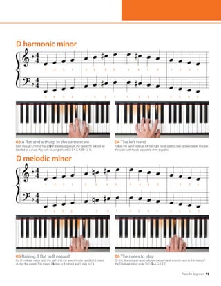 Piano for Beginners 73
05 Raising B flat to B natural
For D melodic minor both the sixth and the seventh note need to be raised
during the ascent. This means B rises to B natural and C rises to C#.
03 A flat and a sharp in the same scale
Even though D minor has a B in the key signature, the raised 7th will still be
labelled as a sharp. Play with your right hand: D-E-F-G-A-B -C#-D.
06 The notes to play
On the descent you need to lower the sixth and seventh back to the notes of
the D natural minor scale: D-C-B -A-G-F-E-D.
04 The left hand
Follow the same notes as for the right hand, starting two octaves lower. Practise
the scale with hands separately, then together.
D melodic minor
D harmonic minor
1 2 3 1 2 3 4 5 5 4 3 2 1 3 2 1
5 4 3 2 1 3 2 1 1 2 3 1 2 3 4 5
1 2 3 1 2 3 4 5 5 4 3 2 1 3 2 1
5 4 3 2 1 3 2 1 1 2 3 1 2 3 4 5
 