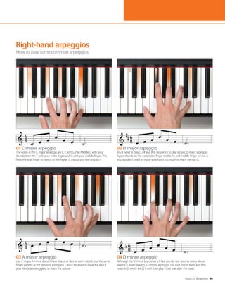 Piano for Beginners 99
Right-hand arpeggios
How to play some common arpeggios
02 D major arpeggio
You’ll need to play D, F# and A in sequence to play a basic D-major arpeggio.
Again, thumb on the root, index finger on the F#, and middle finger on the A.
You shouldn’t need to move your hand too much to reach the top D.
01 C major arpeggio
The notes in the C major arpeggio are C, E and G. Play Middle C with your
thumb, then the E with your index finger and G with your middle finger. This
frees the little finger to stretch to the higher C should you wish to play it.
04 D minor arpeggio
Although the D minor key carries a B flat, you do not need to worry about
playing it when playing a D minor arpeggio. The root, minor third, and fifth
notes in D minor are D, F, and A, so play those one after the other.
03 A minor arpeggio
Like C major, A minor doesn’t have sharps or flats to worry about. Use the same
finger pattern as the previous arpeggios – don’t be afraid to leave the keys if
your hands are struggling to reach the octave.
 
