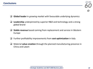 60
°
«Strategic Guidelines and 2017-2020 Business plan» 22
Conclusions
 Global leader in growing market with favourable underlying dynamics
 Leadership underpinned by superior R&D and technology and a strong
global brand
 Stable revenue based coming from replacement and service in Western
Europe
 Further profitability improvements from cost optimization in Italy
 Material value creation through the planned manufacturing presence in
China and Latam
 