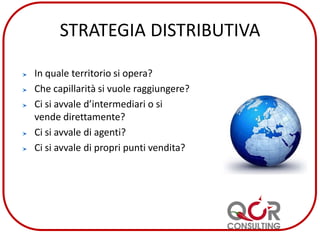 STRATEGIA DISTRIBUTIVA
In quale territorio si opera?
Che capillarità si vuole raggiungere?
Ci si avvale d’intermediari o si
vende direttamente?
Ci si avvale di agenti?
Ci si avvale di propri punti vendita?
 