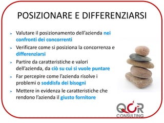 POSIZIONARE E DIFFERENZIARSI
Valutare il posizionamento dell’azienda nei
confronti dei concorrenti
Verificare come si posiziona la concorrenza e
differenziarsi
Partire da caratteristiche e valori
dell’azienda, da ciò su cui si vuole puntare
Far percepire come l’azienda risolve i
problemi o soddisfa dei bisogni
Mettere in evidenza le caratteristiche che
rendono l’azienda il giusto fornitore
 