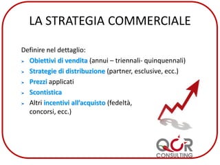 LA STRATEGIA COMMERCIALE
Definire nel dettaglio:
Obiettivi di vendita (annui – triennali- quinquennali)
Strategie di distribuzione (partner, esclusive, ecc.)
Prezzi applicati
Scontistica
Altri incentivi all’acquisto (fedeltà,
concorsi, ecc.)
 