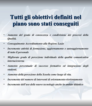 Tutti gli obiettivi definiti nel piano sono stati conseguiti Aumento del grado di conoscenza e condivisione dei processi della Qualità. Conseguimento Accreditamento alla Regione Lazio Incremento attività di formazione, aggiornamento e autoaggiornamento di tutto il personale Migliorato grado di percezione individuale della qualità comunicativa interna/esterna   Aumento percentuale di successo formativo ed integrazione degli studenti. Aumento della percezione della Scuola come luogo di vita.   Incremento del numero di interventi di orientamento-riorientamento Incremento dell’uso delle nuove tecnologie anche in ambito didattico 
