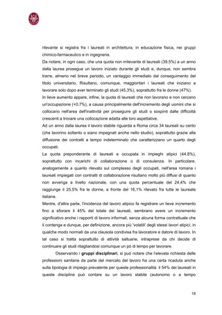 rilevante si registra fra i laureati in architettura, in educazione fisica, nei gruppi
chimico-farmaceutico e in ingegneria.
Da notare, in ogni caso, che una quota non irrilevante di laureati (39,5%) a un anno
dalla laurea prosegue un lavoro iniziato durante gli studi e, dunque, non sembra
trarre, almeno nel breve periodo, un vantaggio immediato dal conseguimento del
titolo universitario. Risultano, comunque, maggioritari i laureati che iniziano a
lavorare solo dopo aver terminato gli studi (45,3%), soprattutto fra le donne (47%).
In lieve aumento appare, infine, la quota di laureati che non lavorano e non cercano
un'occupazione (+0,7%), a causa principalmente dell'incremento degli uomini che si
collocano nell'area dell'inattività per proseguire gli studi o sospinti dalle difficoltà
crescenti a trovare una collocazione adatta alle loro aspettative.
Ad un anno dalla laurea il lavoro stabile riguarda a Roma circa 34 laureati su cento
(che lavorino soltanto o siano impegnati anche nello studio), soprattutto grazie alla
diffusione dei contratti a tempo indeterminato che caratterizzano un quarto degli
occupati.
La quota preponderante di laureati e occupata in impieghi atipici (44,8%),
soprattutto con incarichi di collaborazione o di consulenza. In particolare,
analogamente a quanto rilevato sul complesso degli occupati, nell'area romana i
laureati impiegati con contratti di collaborazione risultano molto più diffusi di quanto
non avvenga a livello nazionale, con una quota percentuale del 24,4% che
raggiunge il 25,5% fra le donne, a fronte del 16,1% rilevato fra tutte le laureate
italiane.
Mentre, d'altra parte, l'incidenza del lavoro atipico fa registrare un lieve incremento
fino a sfiorare il 45% del totale dei laureati, sembrano avere un incremento
significativo anche i rapporti di lavoro informali, senza alcuna forma contrattuale che
li contenga e dunque, per definizione, ancora più 'volatili' degli stessi lavori atipici, in
qualche modo normati da una clausola condivisa fra lavoratore e datore di lavoro. In
tal caso si tratta soprattutto di attività saltuarie, intraprese da chi decide di
continuare gli studi ritagliandosi comunque un pò di tempo per lavorare.
        Osservando i gruppi disciplinari, si può notare che l’elevata richiesta delle
professioni sanitarie da parte del mercato del lavoro ha una certa ricaduta anche
sulla tipologia di impiego prevalente per queste professionalità: il 54% dei laureati in
queste discipline può contare su un lavoro stabile (autonomo o a tempo



                                                                                         18
 