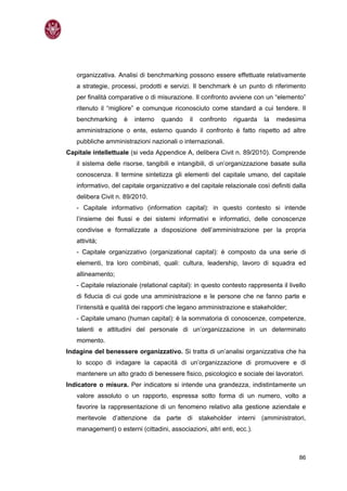 organizzativa. Analisi di benchmarking possono essere effettuate relativamente
   a strategie, processi, prodotti e servizi. Il benchmark è un punto di riferimento
   per finalità comparative o di misurazione. Il confronto avviene con un “elemento”
   ritenuto il “migliore” e comunque riconosciuto come standard a cui tendere. Il
   benchmarking     è   interno   quando     il   confronto   riguarda   la   medesima
   amministrazione o ente, esterno quando il confronto è fatto rispetto ad altre
   pubbliche amministrazioni nazionali o internazionali.
Capitale intellettuale (si veda Appendice A, delibera Civit n. 89/2010). Comprende
   il sistema delle risorse, tangibili e intangibili, di un’organizzazione basate sulla
   conoscenza. Il termine sintetizza gli elementi del capitale umano, del capitale
   informativo, del capitale organizzativo e del capitale relazionale così definiti dalla
   delibera Civit n. 89/2010.
   - Capitale informativo (information capital): in questo contesto si intende
   l’insieme dei flussi e dei sistemi informativi e informatici, delle conoscenze
   condivise e formalizzate a disposizione dell’amministrazione per la propria
   attività;
   - Capitale organizzativo (organizational capital): è composto da una serie di
   elementi, tra loro combinati, quali: cultura, leadership, lavoro di squadra ed
   allineamento;
   - Capitale relazionale (relational capital): in questo contesto rappresenta il livello
   di fiducia di cui gode una amministrazione e le persone che ne fanno parte e
   l’intensità e qualità dei rapporti che legano amministrazione e stakeholder;
   - Capitale umano (human capital): è la sommatoria di conoscenze, competenze,
   talenti e attitudini del personale di un’organizzazione in un determinato
   momento.
Indagine del benessere organizzativo. Si tratta di un’analisi organizzativa che ha
   lo scopo di indagare la capacità di un’organizzazione di promuovere e di
   mantenere un alto grado di benessere fisico, psicologico e sociale dei lavoratori.
Indicatore o misura. Per indicatore si intende una grandezza, indistintamente un
   valore assoluto o un rapporto, espressa sotto forma di un numero, volto a
   favorire la rappresentazione di un fenomeno relativo alla gestione aziendale e
   meritevole d’attenzione da parte di stakeholder interni (amministratori,
   management) o esterni (cittadini, associazioni, altri enti, ecc.).



                                                                                      86
 