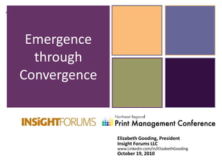+
     Emergence
      through
    Convergence



                  Elizabeth Gooding, President
                  Insight Forums LLC
                  www.Linkedin.com/in/ElizabethGooding
                  October 19, 2010
 