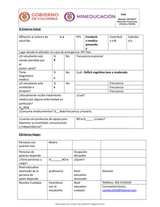2) Entorno Salud:
Afiliación al sistema de
salud No
SI x EPS Fundació
n medico
preventiv
a
Contributi
v o X
Subsidia
d o
Lugar donde le atienden en caso de emergencia: IPS Tibú
¿El estudiante está
siendo atendido por
el
sector salud?
Si
X
No Frecuencia:ocasional
Tiene
diagnóstico
médico:
Si
x
No Cuál: Déficit cognitivo leve a moderado.
¿El estudiante está
asistiendo a
terapias?
Si
x
No Frecuencia
Frecuencia
Frecuencia
¿Actualmente recibe tratamiento
médico por alguna enfermedad en
particular?
SI NOx
¿Cuál?
¿Consume medicamentos? Si Nox Frecuencia y horario.
¿Cuenta con productos de apoyo para
favorecer su movilidad, comunicación
e independencia?
NO x SI ¿Cuáles?
3)Entorno Hogar:
Personas con
quienes vive
Madre
Personas de
quienes depende
Ocupación
del padre
¿Tiene personas a
cargo?
SI NO x ¿Quién?
Nivel educativo
alcanzado de la
persona de
quien depende
profesional Nivel
educativo
alcanzado
Docente
Nombre Cuidador Parentesco
con el
estudiante:
Nivel
educativo
cuidador
Teléfono: 302 3734239
Correoelectrónico:
caselles2010@hotmail.com
PIAR
Decreto 1421/2017
Educación Formal para
Jóvenes y Adultos
Descargado por Diego Psg (goditachi73@gmail.com)
lOMoARcPSD|16476814
 