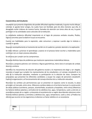 Características del Estudiante:
Estudiante que presenta diagnóstico de posible dificultad cognitiva moderada, le gusta mucho dibujar,
colorear, le agrada tener amigos, los cuales hace con facilidad, pero de años menores que ella, le
desagrada recibir órdenes de manera fuerte, llamados de atención con tonos altos de voz, le gusta
participar en las actividades socio culturales de la institución.
La estudiante evidencia dificultad importante en el logro de procesos verbales visuales, fluidos,
lógicos concretos para la edad en la que se encuentra.
Cuenta con habilidades para la expresión, sabe comunicar y expresar cuando algo le molesta o
cuando le agrada.
Requiere acompañamiento al momento de escribir en el cuaderno y prestar atención a la explicación.
Se debe reforzar y priorizar el aprendizaje y avance en el proceso lector escritor y matemático para
continuar con un mejor proceso educativo.
Se esfuerza por cumplir con los compromisos.
Resuelve distintos tipos de problemas que involucren operaciones matemáticas básicas.
Reconoce y propone patrones con números o figuras geométricas, tiene claro el concepto de unidad,
decena y centena.
Identifica los mecanismos de elección del gobierno escolar y la importancia de elegir y ser elegido,
reconoce el papel que cumplen los representantes de los estudiantes y el consejo estudiantil en la
vida de la institución educativa, mediante su participación en la elección de estos. Compara las
propuestas que presentan los diferentes candidatos a ocupar los cargos de personero estudiantil.
Explica la organización y el funcionamiento del consejo directivo de su institución educativa.
Reconoce los cambios y/o permanencias que se presentan en espacios como la escuela, la plaza
principal y el mercado, entre otros. Diferencia cambios dados en el territorio local por la construcción
de obras públicas (carreteras, parques, alcantarillado, acueducto y hospitales, entre otros) Diferencia
los factores bióticos (plantas y animales) de los abióticos (luz, agua, temperatura, suelo y aire) de un
ecosistema propio de su región. q Interpreta el ecosistema de su región describiendo relaciones entre
factores bióticos (plantas y animales) y abióticos (luz, agua, temperatura, suelo y aire). q Predice los
efectos que ocurren en los organismos al alterarse un factor abiótico en un ecosistema
ÁREA
S/
Descargado por Diego Psg (goditachi73@gmail.com)
lOMoARcPSD|16476814
 
