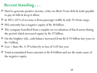 14
 Hard to generate positive income, relies on Short Term debt & trade payable
to pay its bills & keep it afloat.
 PIA currently has a negative equity of Rs 30 billion.
 The company benefited from a surplus on reevaluation of fixed assets during
the period which increased equity by Rs 27 billion.
 On the brighter side, cash balance increased from Rs 0.74 billion last years to
Rs 3 billion.
 Total accumulated losses amount to Rs 83 billion and are the main cause of
the negative equity
 Loss / share Rs. 4.79 relatively to loss of 5.03 last year
Recent Standing . . .
 In 2011; 81% of revenue is from passenger traffic & only 5% from cargo.
 