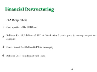 16
Financial RestructuringFinancial Restructuring
PIA Requested
1 Cash injection of Rs. 20 Billion
2 Rollover Rs. 19.6 billion of TFC & Sukuk with 5 years grace & markup support to
continue
3 Conversion of Rs. 8 billion GoP loan into equity
4 Rollover US$ 146 million of bank loans
 